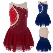 Kids Girls Roller Skating Leotard Dress Rhinestone Patchwork Dance Dress Costume