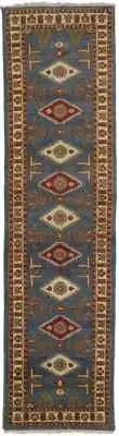 Hand-Knotted Blue Geometric Kazak Oriental Runner Rug Hallway Carpet 3X10 ft