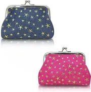 [WisePoint] 2 PCS Coin Purse, Denim Fabric Small Purse Fashionable Coin Pouch with The Kiss Lock Design, Lightweight Ladies Purse for Change, Bank Cards, Keys, Lipstick, Red+dark Blue, stylish
