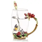 Butterfly Glass Tea Cup Handmade Flower Enamel Mug with Spoon Set and High Red