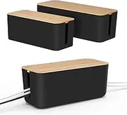 Set of Two Cable Management Box by Baskiss, Bamboo Lid, Cord Organizer for Desk TV Computer USB Hub System to Cover and Hide & Power Strips & Cords (Black)