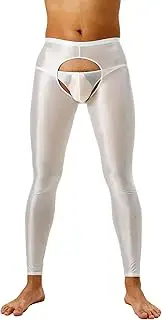 [Vxuxlje] Men's Solid Color Glossy High Waist Open Crotch Leggings Stretchy Smooth Compression Pants
