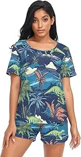 [RPLIFE] Palm Trees Dinosaurs Womans Pajama Set, Plus Size Matching Pajama Sets, Palm Trees Dinosaurs, X-Large