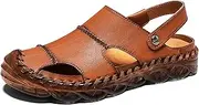 [CLSQLXYJZC] Mens Outdoor Non-slip Leather Slippers, Summer Lightweight Adjustable Heel Strap Beach Sandals, Breathable Rubber Outsole Closed Toe Casual Slippers