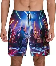 [Sipumia] Mens DJ Band Printed Swim Trunks with Compression Liner Quick Dry 2 in 1 Board Shorts with Pockets