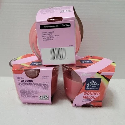 Lot Of 3 - Glade 3-Wick Scented Candles, Wonder Melon, Limited Edition. 6.8oz Ea