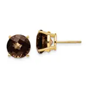 14k Yellow Gold 9mm Round Checker-Cut Smok Yellow Gold Quartz Earrings