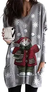 [YMING] Ladies Christmas Sweatshirts Round Neck Long Sleeve Jumpers Winter Holiday Pullovers with Pockets, Snowman Grey, S