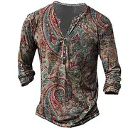 OUKU Men's T shirt Tee Henley Shirt Tee Graphic Tribal Henley Yellow Red Blue 3D Print Plus Size Outdoor Daily Long Sleeve Button-Down Print Clothing Apparel D