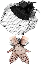 [SATINIOR] Feather Veil Mesh Hat Short Glove 50s Costume Accessories for Women Wedding