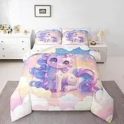 Unicorn Girls Comforter Set Queen,Kids Cartoon Cute Reversible Quilt Sets Girly Girls Boys Rainbow Unicorn Bedding Set Kawaii Animal Pattern Duvet Insert with 2 Pillowcases Pink Purple