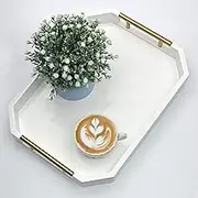 Serving Tray with Polished Metal Handles, Hexagon Coffee Table Tray, Modern Rectangle Decorative Tray, Large Ottoman Tray, Perfect for Storage and Display (White Rectangle)