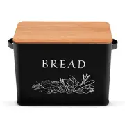 Black Bread Box for Kitchen Counter, Metal Bread Storage Bin with Wooden Cutt...