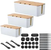 Cable Management Box - 3Pack Medium & Large Cord Organizer for Desk & Floor, Cable Organizer Box for Child & Pet - Cable Box Hider for Tidy Office & Home (Bamboo Print Lid, White Box, Pack of 3)