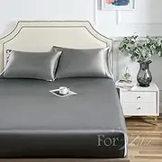 ForZzz 1800TC 3 Piece Art Silk Satin Pillowcase Fitted Sheet Set AU Single Size Silky Soft Comfort Hypoallergenic Breathable Bedding Set/Fitted Sheet & Pillowcases(Gray,Queen)