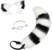 Cat Ears and Wolf Fox Animal Tail Cosplay Costume Faux Fur Hair Clip Headdress Halloween Leather Neck Chocker Set (White&Black)