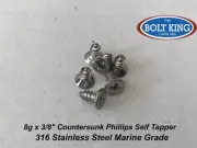 8g x 3/8" Countersunk Phillips Self Tapping Screw 316 Stainless Marine Grade