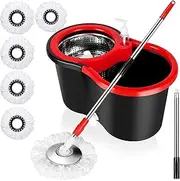 Mop and Bucket with Wringer Set, 360° Spinning Mop Bucket System with 5 Microfiber Mop Replacement Heads and Stainless Steel Adjustable Handle for Floor Cleaning,Black