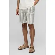 Mens Sage Elasticated Waist Relaxed Short Length Striped Linen Look Shorts