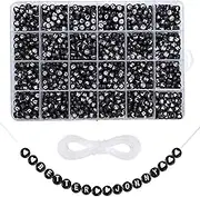 1200 Pieces Acrylic Alphabet Beads, BetterJonny White on Black Letter Beads 4x7mm A-Z Round Letter Beads with Round Heart Beads and Elastic String for Jewelry Making Bracelets and Key Chains