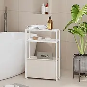 Narrow Side Table, Slim End Tables with Fabric Basket, Skinny Table for Small Spaces, Thin Bedside Table for Living Room, Bedroom (1, White + Camel Brown)