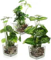 Set of 3 Small Fake Plants, Artificial Faux Potted Plants Indoor in Clear,,,,