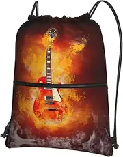 EdWal Rock Guitar In Burning Print Drawstring Backpack Gym Bags Sports Bags With Zipper Pocket For Travel Swimming Beach, Black, One Size