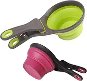 Collapsible Pet Scoop Silicone Measuring Cups Set Sealing Clip 3 in 1 Multi-Function Scoop Bowls Bag Clip for Dog Cat Food Water Set of 2 (Green, 237ml)