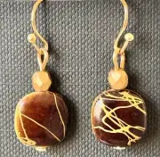Gold with Vintage Brown Drizzle Bead Earrings. Two Sided Yellow Drizzle