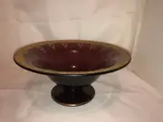 Amythyst Glass Footed Centerpiece Fruit Bowl Hanging Garden & Sheilds Gold Trim