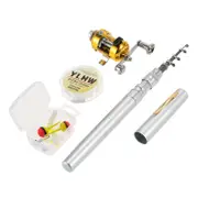 Gofishup Fishing Rod Reel Combo Set Mini Telescopic Portable Pocket Pen Fishing Rod Pole and Reel Aluminum Al Silver