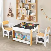 Kids Table and Chairs, 3 in 1 Wooden Activity Table with Storage, Reversible Tabletop, Chalkboard for Crafts, Drawing, Reading, Toddler Table and Chair Set for Playroom, Easy to Clean