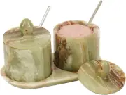 Marble Salt Cellar with Lid 3.5 Inch Green Onyx Handcrafted Container with Spoon