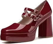 [Coutgo] Women's Platform Mary Jane Pumps Two Strap Square Toe Chunky Block Heel Sandals Party Shoes