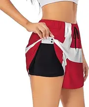 [VPPUR] Danish Flag Print Women's Athletic Shorts Pockets Stylish Comfortable Workout 2 in 1 Running Shorts