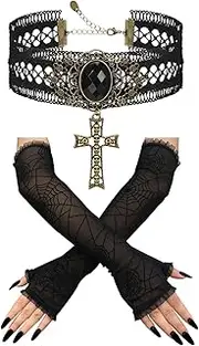 [Augesak] Gothic Steampunk Accessories Women's Gothic Choker Necklace + Vintage Spider Web Gloves Gothic Victorian Steampunk Retro Cosplay Accessories Witches Vampire Steampunk Carnival Accessories