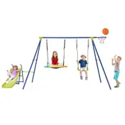 Costway 4-in-1 Swing Set Outdoor Backyard Playset Heavy-Duty Slide Metal Playset w/ Basketball Hoop Multicolor