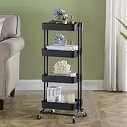 Viviendo 4 Tier Storage Rolling Cart, Kitchen Trolley Moving Island with Wheels,Spice Rack Organizer with Handle Trolley,Pantry Organizer Shelf Storage Rack,Bathroom Laundry Utility Cart - Black