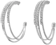 Vanki 1Pair Fashion Shiny Hoop Earrings Three Row Crystal Open C Hoop Earrings for Women Girls, Zinc, No Gemstone