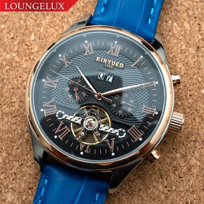 Mens Automatic Mechanical Watch Date Day Rose Gold Black Dial Blue Leather
