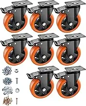 Castor Wheels 125mm, 5 inch Castors, Heavy Duty Caster Wheels Set of 8 - ASRINIEY Swivel Castors with Brake, Casters and Wheels for Furniture Workbench, Non Marking Orange Polyurethane Trolley Wheels