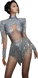 [Yoyomomozi] 2 Pieces Sequin Tassel Bodysuit Women Sexy Gold Long Sleeve Fringe Latin DS Stage Costume Performance Nightclub Bar Dj Singe