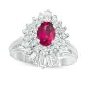 Oval Rubellite Tourmaline and 0.88 CT. T.W. Natural Diamond Double Sunburst Frame Split Shank Ring in Solid 14K White Gold