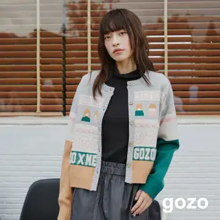 【gozo】初老變變變彩色圖騰開襟毛衣外套(灰色/米白_F) | 女裝 圓領 百搭