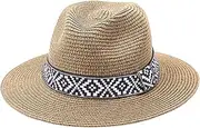 [haozaikeji] Sun Panama Straw Hat Wide Brim Floppy UPF 50+ Fashionable Foldable Summer Beach Cap Women Men Fedora Trilby Hat for Outdoor Travel Holiday
