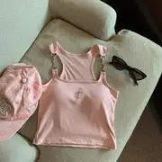 Scoop Neck Star Accent Buckled Padded Crop Tank Top Pink - One Size