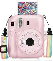 Yosuny Portable Transparent case Compatible with Fujifilm Instax Mini 12 Instant Camera Accessories,Hard Carrying Protective Case,Shoulder Straps and Stickers Decoration Set, Back Pocket, Bag