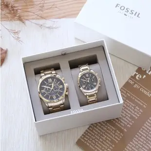 FOSSIL (男女對錶) 禮盒 計時 金色不鏽鋼 情侶對錶 男女錶 BQ2400SET
