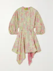 [MARQUES' ALMEIDA] MARQUES' ALMEIDA - Asymmetric Belted Draped Brocade Mini Dress - Light green - UK 10 UK 10 Green