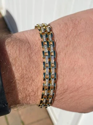 10k Gold Plated Real Solid 925 Silver Iced Men's Presidential Link Bracelet CZ